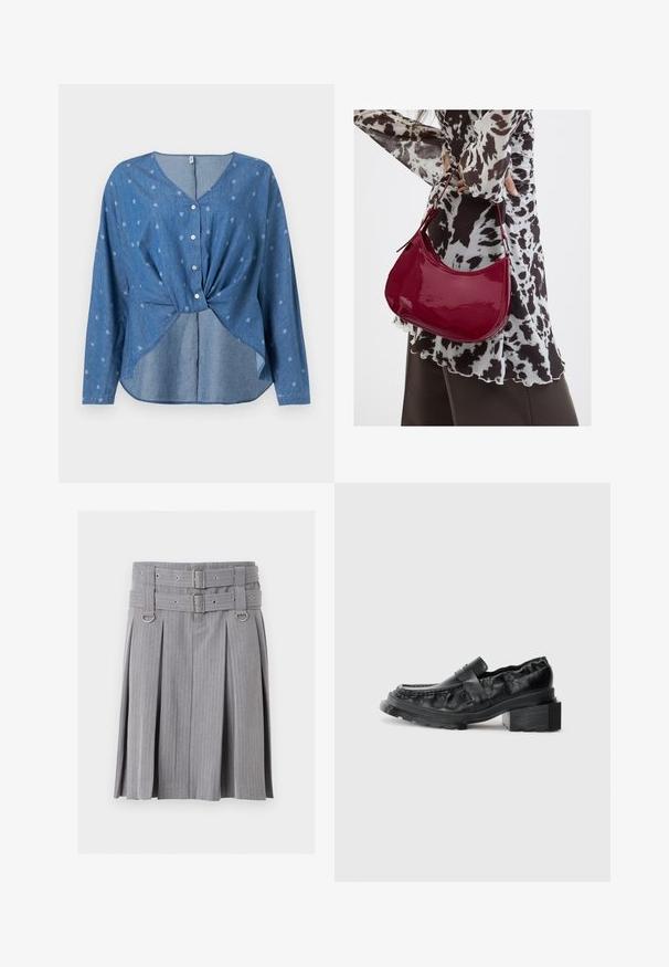 Blauwe blouse met lange mouwen en knopen, bedrukt met kleine witte paisley-motieven, voorzien van een gedraaide voorkant en een V-hals.; Grijze plissé rok met spijkerstreep, dubbele riem en zilveren gespen, met D-ring accenten in de taille.; Zwarte leren instappers met een gestructureerde zool, voorzien van een iets verhoogde blokhak en een textuur bovenkant, bevestigd met een voorkantriem.; Vrouw met een zwart-wit gebloemde blouse houdt een glanzende rode schoudertas vast tegen een effen achtergrond.