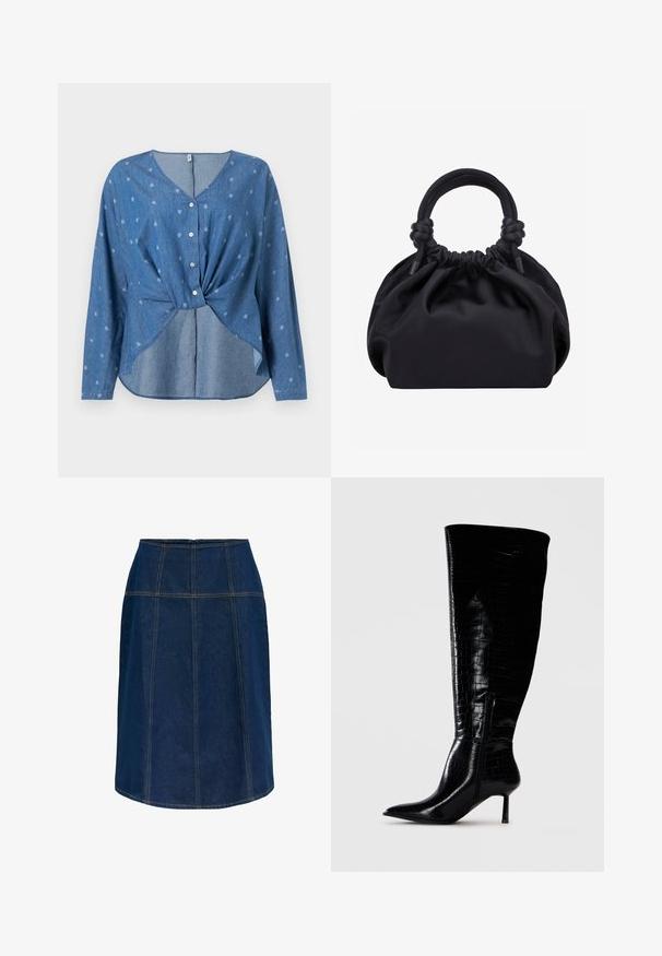 Blouse bleue à manches longues avec boutons, imprimé de petits motifs paisley blancs, avec un détail torsadé à l'avant et un décolleté en V.; Jupe en jean bleu foncé longueur genou avec des détails de coutures verticales et horizontales, avec des surpiqûres contrastantes orange et une silhouette en A.; Bottes noires montantes en cuir verni avec un motif crocodile. Bout pointu et talon fin ; dotées d'une fermeture éclair sur le côté.; Sac à main en tissu noir doux avec haut froncé et poignées circulaires rembourrées nouées de chaque côté.