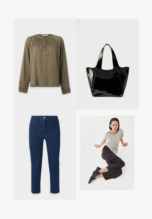 Olivgrüne Bluse mit langen Ärmeln, Rundhalsausschnitt, kleinem Knopfverschluss und gerafften Stoffdetails am Hals und an den Manschetten.; Dunkelblaue Slim-Fit-Jeans mit Fronttaschen, Gürtelschlaufen, Knopfverschluss und einem klaren, schlichten Design.; Hellgraues Kurzarmshirt, dunkle weite Hosen und schwarze Loafers. Glatter Stoff, entspannte Passform und kontrastierende Einfassung am Hemd.; Schwarze, glänzende Lackleder-Shopper-Tasche mit breiten Griffen und kleinem ovalem Logo auf der Vorderseite, vor einem schlichten Hintergrund präsentiert.