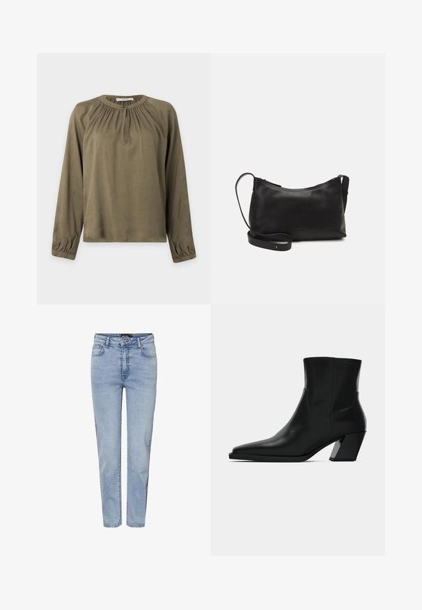 Blusa de manga larga en verde oliva con cuello redondo, pequeño cierre de botón y detalles fruncidos en el cuello y los puños.; Vaqueros azul claro de tiro alto y pierna recta con botón delantero, cremallera y diseño de cinco bolsillos.; Bota de tobillo de cuero negro con punta afilada, una silueta elegante y un tacón cuadrado grueso. Textura suave con detalles de costura mínimos.; Bolso de hombro de cuero negro con una textura suave, forma curvada, correa ajustable y cierre con cremallera. Diseño minimalista sin adornos.