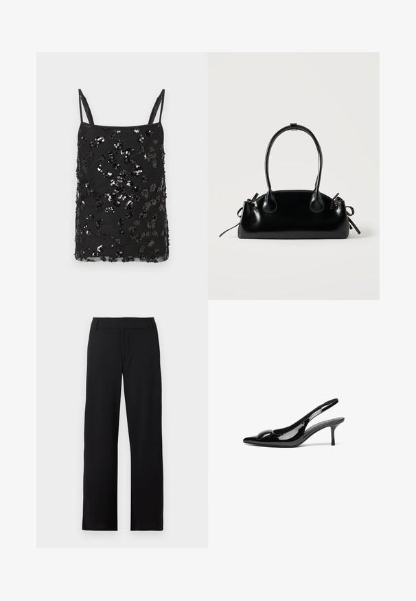 Sort camisoletop med tynde stropper, dekoreret med sorte og sølvfarvede pailletter i forskellige størrelser, der danner et spredt mønster på stoffet.; Sorte bukser med lige ben, bæltestropper og lynlås foran, vist mod en hvid baggrund.; Sorte laklæder slingback hæle med spidse tæer og en blank finish. Har en slank hæl og en rund detalje ved vampen.; Lille sort blank håndtaske med to lange håndtag og snøre-detaljer i siden på en ensfarvet lys baggrund.