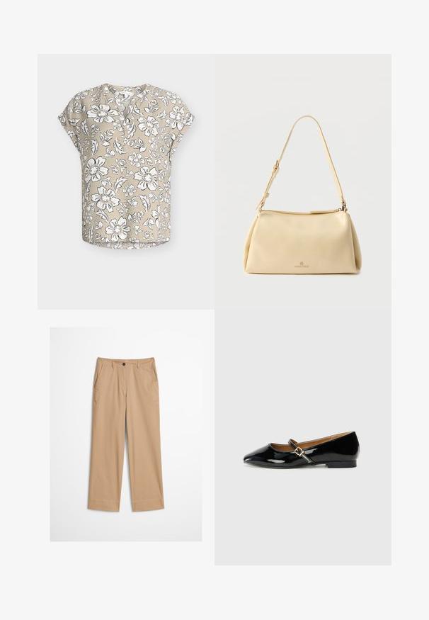 Beige kortærmet bluse med hvidt og sort blomsterprint, rund halsudskæring med delvis knaplukning og afslappet pasform.; Beige bomuldsbukser med lige ben, knaplukning foran og en glat tekstur. Har standard bærestropper og flad frontdesign.; Sorte patenterede lædersko med spids tå, ankelrem med en guldfarvet spænde og en lav blokhæle. Glat, skinnende overflade.; Beige rektangulær skuldertaske med justerbar rem og lynlås, med en lille "Anna Field"-logo midt foran.