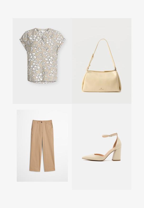Blusa beige de manga corta con estampado floral en blanco y negro, escote redondo con tapeta de botones parcial y corte holgado.; Pantalones de algodón beige con piernas rectas, cierre frontal con botones y textura suave. Cuenta con trabillas estándar para cinturón y diseño frontal plano.; Zapato de tacón alto de charol beige con punta afilada, correa en el tobillo y tacón grueso. Textura suave con detalles de costura mínimos.; Bolso de hombro beige rectangular con correa ajustable y cierre de cremallera, con un pequeño logo "Anna Field" en el centro frontal.