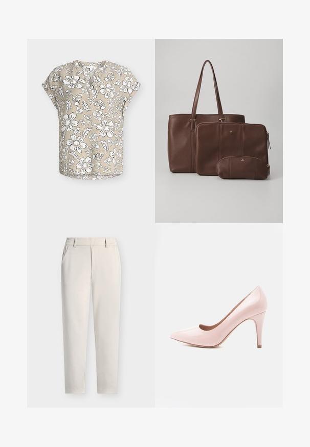 Beige kortærmet bluse med hvidt og sort blomsterprint, rund halsudskæring med delvis knaplukning og afslappet pasform.; Beige bukser med lige ben, bæltestropper, sidelommer og lynlås foran på ensfarvet baggrund.; Pink laklæder højhælet sko med spids tå og tynd hæl. Glat tekstur med en blank finish. Ingen synlige accenter eller mønstre.; Brun læder tote taske med to matchende pouches; tote tasken har lange håndtag, mens pouches er med lynlås og i varierende størrelser. Gyldne detaljer inkluderet.