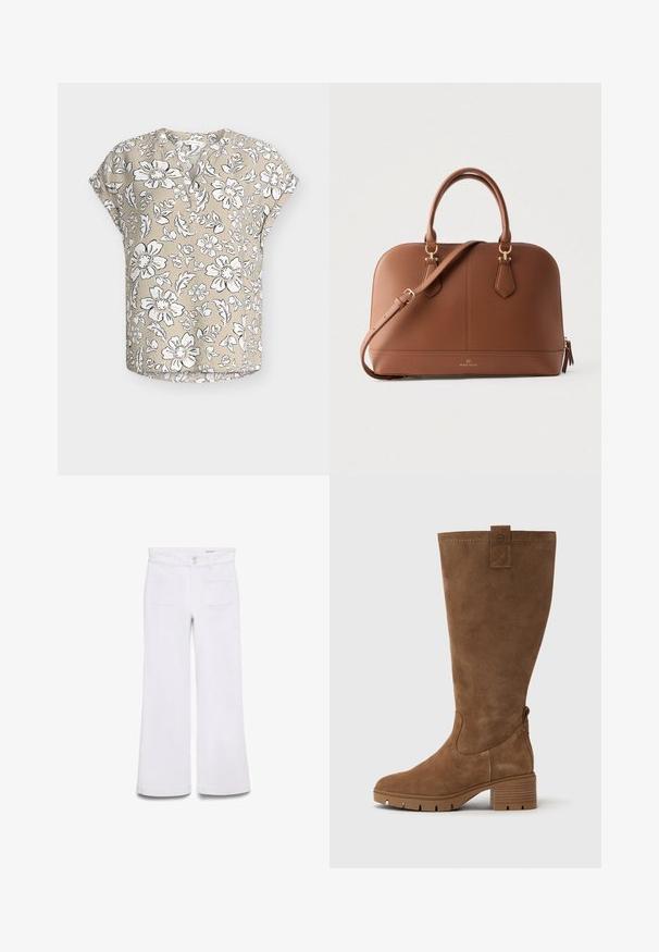 Beige kortærmet bluse med hvidt og sort blomsterprint, rund halsudskæring med delvis knaplukning og afslappet pasform.; Hvide bukser med høj talje og vide ben, frontlommer med påsyede lapper, bæltestropper og dobbelte knapperlukning på ens hvid baggrund.; Tamaris Høje støvler/ Støvler - brown; Brun tekstureret læderhåndtaske med to øverste håndtag, aftagelig skulderrem, guldfarvede metaldetaljer og præget logo på forsiden.