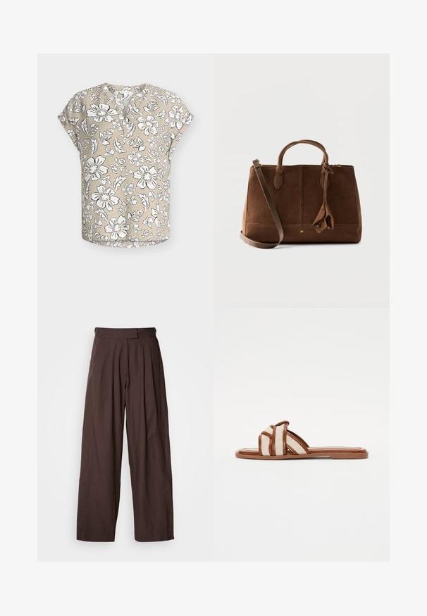 Beige kortærmet bluse med hvidt og sort blomsterprint, rund halsudskæring med delvis knaplukning og afslappet pasform.; Brune bukser med vide ben og høj talje, plisseret foran og med en glat stoftekstur. Har to sidelommer og et rent, skræddersyet udseende.; Brune flade sandaler med brede vævede stofremme, der har en glat syntetisk sål og et minimalistisk design.; Brun ruskindshåndtaske med to håndtag, en aftagelig skulderrem og dekorative ruskindstropper, vist mod en ensfarvet baggrund.