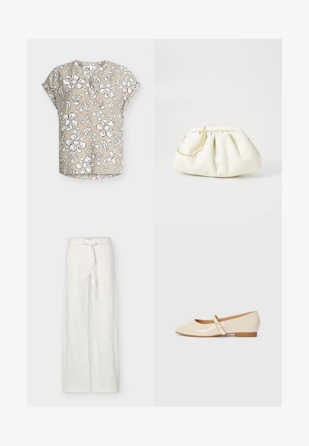 Beige kortærmet bluse med hvidt og sort blomsterprint, rund halsudskæring med delvis knaplukning og afslappet pasform.; Hvide bukser med brede ben, frontlommer og et stofbælte bundet i taljen, vist på en ensfarvet baggrund.; Beige patentlæder balletflade med firkantet tå, lille hæl og justerbar ankelrem med guldspænde accent.; Hvid læderhåndtaske med en samlede design, forsynet med en guldkæde-strop og en rund form. Glat tekstur med bløde folder og ingen mønstre.