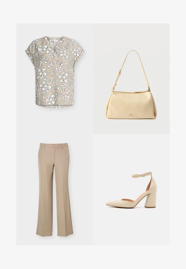 Blusa beige de manga corta con estampado floral en blanco y negro, escote redondo con tapeta de botones parcial y corte holgado.; Pantalones de vestir beige para mujer con trabillas, pliegue frontal y corte recto de pierna ancha sobre un fondo blanco liso.; Zapato de tacón alto de charol beige con punta afilada, correa en el tobillo y tacón grueso. Textura suave con detalles de costura mínimos.; Bolso de hombro beige rectangular con correa ajustable y cierre de cremallera, con un pequeño logo "Anna Field" en el centro frontal.