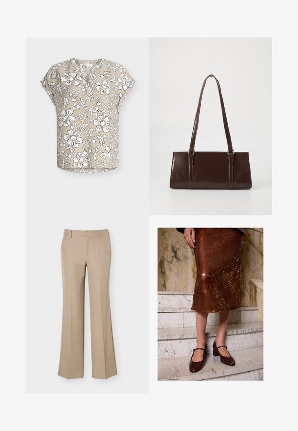 Beige blouse met korte mouwen met een wit-zwart bloemenpatroon, een ronde hals met deels een knopenlijst en een comfortabele pasvorm.; Beige damesbroek met riemlussen, een voorvouw en een rechte wijde pijp op een effen witte achtergrond.; Vrouw in een bruine pailletten midi-rok en donkere bruine crococodillen-huid Mary Jane hakken, staand op marmeren trappen.; Bruine lakleren handtas met een rechthoekige vorm, twee lange handvatten en subtiele gebogen accenten aan de voorkant.