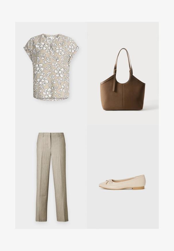 Beige kortærmet bluse med hvidt og sort blomsterprint, rund halsudskæring med delvis knaplukning og afslappet pasform.; Beige bukser med nålestriber og et lige ben-design, der har en struktureret linning og en subtil tekstur i hele stoffet.; Beige balletflader lavet af glat syntetisk materiale. Har en lille blokhæl og en knyttet detalje med gyldne accenter på tåen.; Brun læder tote taske med justerbar skulderrem og guldfarvet spænde, glat tekstur, vist mod en ensfarvet hvid baggrund.