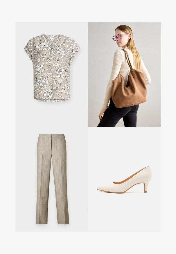 Beige kortærmet bluse med hvidt og sort blomsterprint, rund halsudskæring med delvis knaplukning og afslappet pasform.; Beige bukser med nålestriber og et lige ben-design, der har en struktureret linning og en subtil tekstur i hele stoffet.; Hvid læder højhælet sko med spids tå og en slank, let skrå hæl. Glat tekstur med et minimalistisk design og tan sål.; Brun ruskind tote taske med blød tekstur, stor åbning og lange stropper. Har et enkelt design med synlige syninger og ingen hardware.