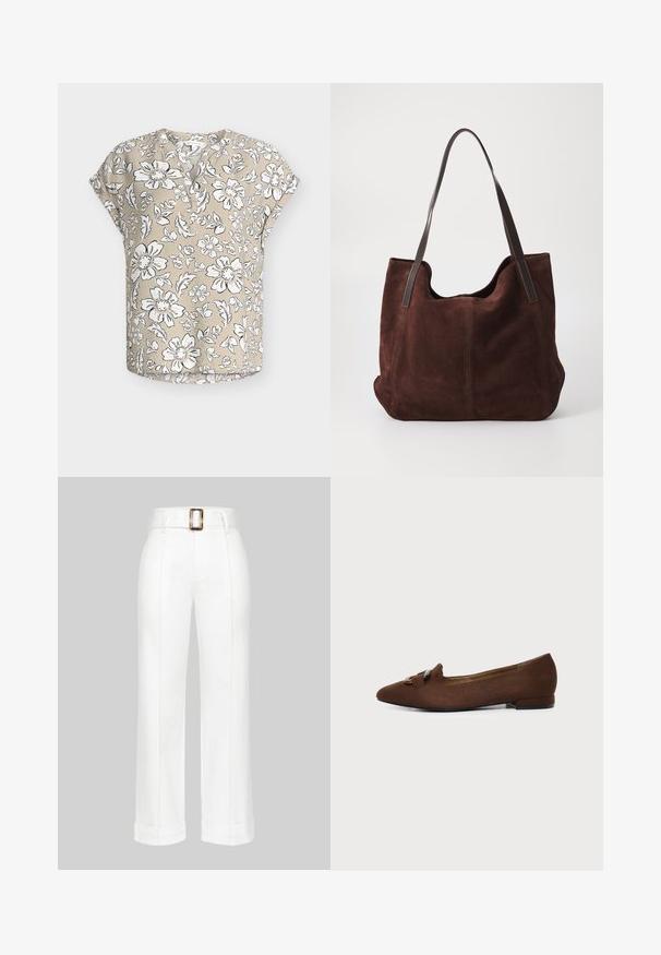 Beige blouse met korte mouwen met een wit-zwart bloemenpatroon, een ronde hals met deels een knopenlijst en een comfortabele pasvorm.; Witte wijde broekspijpen van katoen. Heeft een hoge taille met een grote rechthoekige gespen, en gestikte details langs de benen.; Bruine platte schoen met puntige neus en decoratief gespdetail bovenop, tegen een effen lichte achtergrond.; Bruine suede totebag met twee donkere leren schouderbanden. Zachte textuur, ronde bovenkant en een ruime binnenkant. Geen zichtbare hardware of versieringen.