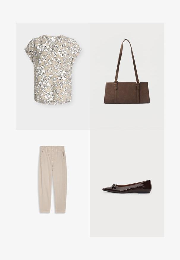 Blouse beige à manches courtes avec motif floral blanc et noir, encolure ronde avec patte de boutonnage partielle, et coupe décontractée.; Pantalon beige à jambes droites avec taille élastique, passants pour ceinture, fermeture par bouton et poches avant, présenté sur un fond uni.; Chaussure plate marron brillante à bout pointu avec un petit nœud sur le devant et un petit talon sur un fond uni.; Sac à bandoulière rectangulaire marron avec longues sangles et détails de couture minimalistes sur un fond uni.