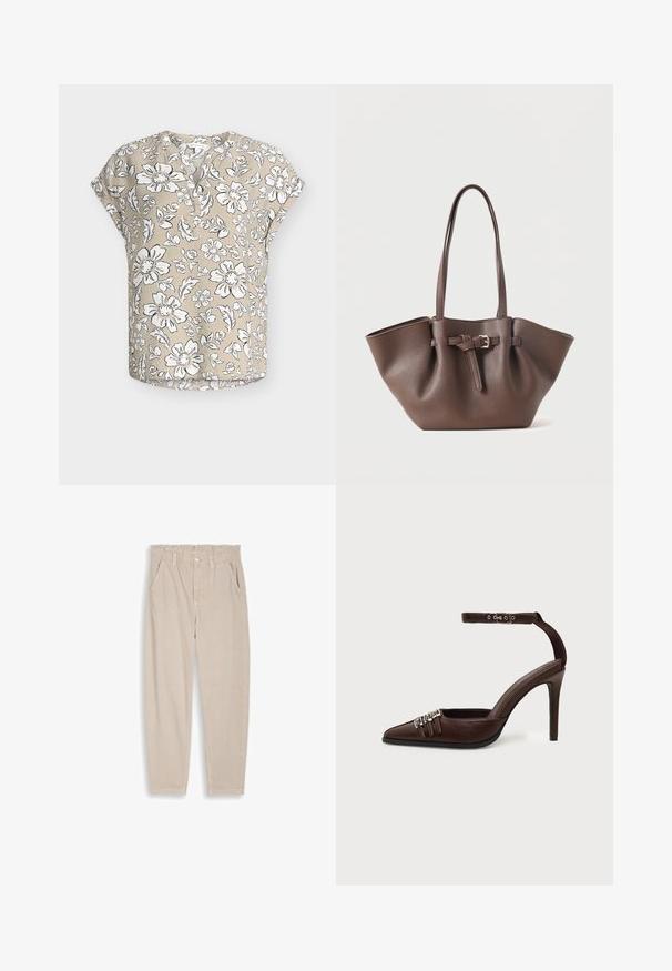 Blouse beige à manches courtes avec motif floral blanc et noir, encolure ronde avec patte de boutonnage partielle, et coupe décontractée.; Pantalon beige à jambes droites avec taille élastique, passants pour ceinture, fermeture par bouton et poches avant, présenté sur un fond uni.; Chaussure à talon haut en cuir marron avec bout pointu, trois petites boucles argentées sur le devant et bride de cheville réglable avec boucle.; Sac cabas en cuir marron avec des anses longues et une sangle décorative à boucle sur le devant, présenté sur un fond blanc uni.