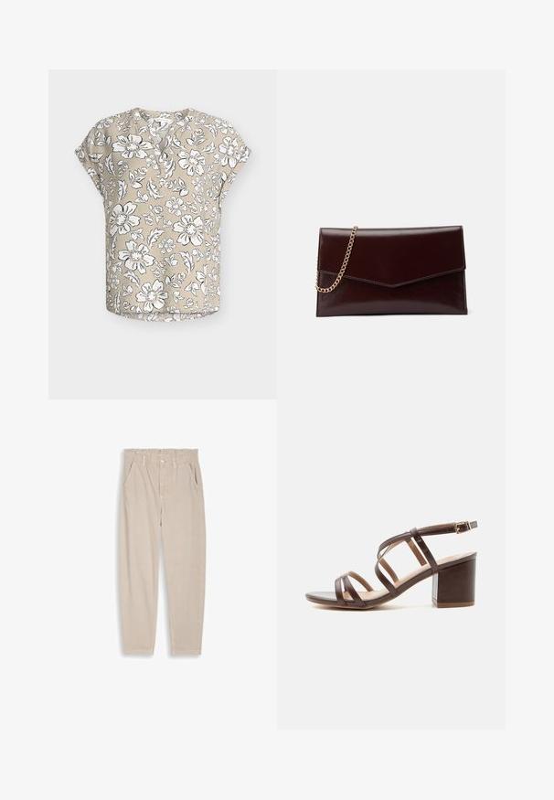 Blouse beige à manches courtes avec motif floral blanc et noir, encolure ronde avec patte de boutonnage partielle, et coupe décontractée.; Pantalon beige à jambes droites avec taille élastique, passants pour ceinture, fermeture par bouton et poches avant, présenté sur un fond uni.; Sandale marron en cuir à brides avec un talon bloc de hauteur moyenne et une bride de cheville réglable avec boucle sur fond blanc.; Sac à main en cuir de couleur bordeaux foncé avec un design en forme d'enveloppe. Il dispose d'une anse en chaîne dorée, d'une texture lisse et d'une fermeture en pointe.