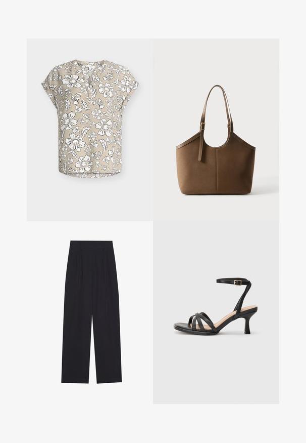 Beige kortærmet bluse med hvidt og sort blomsterprint, rund halsudskæring med delvis knaplukning og afslappet pasform.; Sorte vidde bukser lavet af et glat stof, med pilinger, en flad talje og uden synlige lommer eller udsmykninger.; Sorte høje hæle sandaler med flere tynde stropper over tæerne, en enkelt ankelstrop med en gylden spænde og en firkantet tå.; Brun læder tote taske med justerbar skulderrem og guldfarvet spænde, glat tekstur, vist mod en ensfarvet hvid baggrund.