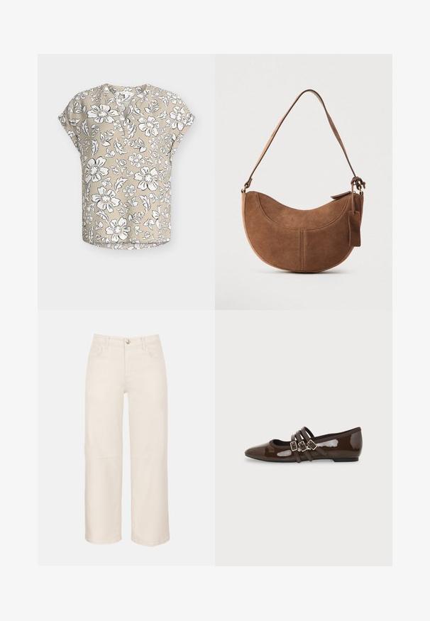 Blouse beige à manches courtes avec motif floral blanc et noir, encolure ronde avec patte de boutonnage partielle, et coupe décontractée.; Pantalon court taille haute à jambes larges en écru avec bouton et fermeture éclair devant, passants pour ceinture, poches avant et arrière.; Chaussure plate en cuir verni marron avec bout pointu et trois brides ajustables à boucle sur le côté, vue du profil extérieur.; Sac à main en daim marron de forme courbée en demi-lune. Il est doté d'une bandoulière, d'une petite étiquette et de coutures visibles le long des bords.