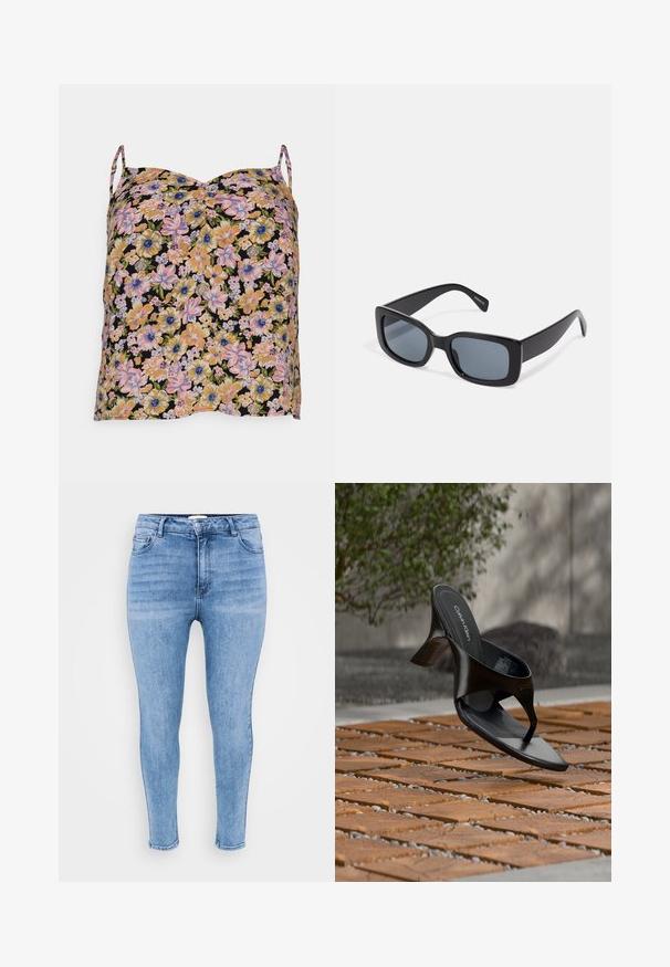 Pieces Curve PCNYA SLIP ROUCING - Top - multicolored; Lysblå skinny jeans lavet af denim, med høj talje, fem-lomme design og let falmning langs lårene.; Sort Calvin Klein hæl-sandal med åben tå, der svæver over en udendørs flisebelagt overflade med grønne planter og en betonvæg i baggrunden.; Sorte rektangulære solbriller med mørkt tonede linser, tyk plastramme og brede stænger. Glat overflade og kantet design.