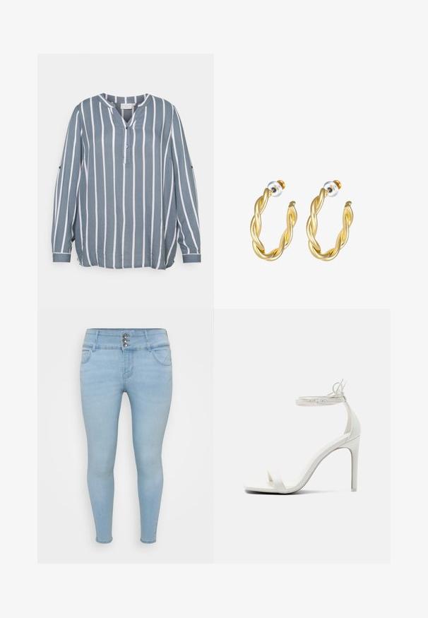 Blusa de manga larga a rayas azul y blanca con escote en V, tapeta de botones y corte relajado, hecha de una tela ligera con una textura suave.; Jeans ajustados de color azul claro hechos de denim. Cuentan con un cierre de tres botones, dos bolsillos frontales y una textura suave.; Call it Spring Sandalias de tacón - white; Pendientes de aro retorcidos en oro con una superficie lisa, que cuentan con un respaldo transparente y herrajes en tono dorado.