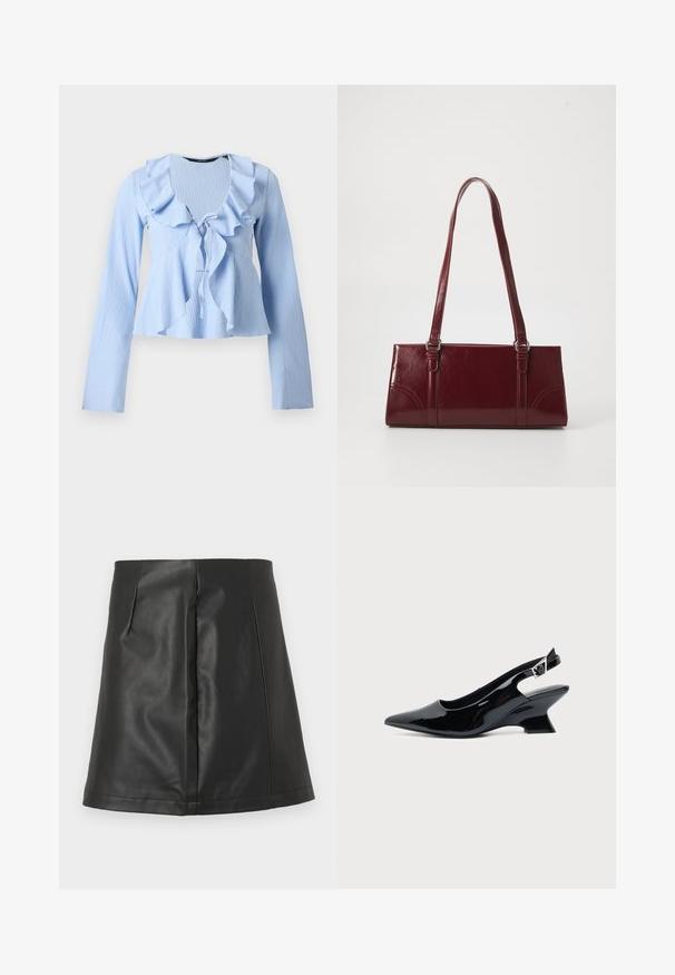Blouse à manches longues bleu clair avec tissu texturé, col en V volanté et détail noué à l'avant, présentée sur un fond uni.; Mini-jupe trapèze en similicuir noir avec détails de couture avant sur fond blanc.; Chaussure slingback en cuir verni noir avec bout pointu et petit talon bloc incliné sur fond clair uni.; Sac à main bordeaux en matériau brillant, de forme rectangulaire, avec deux anses et des accents légèrement courbés à l'avant.