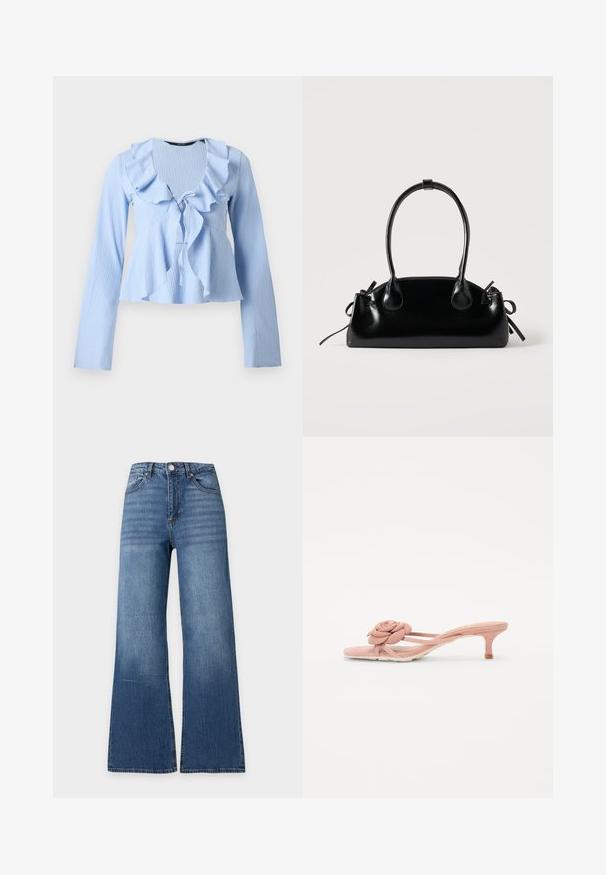 Hellblause Langarmbluse mit strukturierter Stoffqualität, gerafftem V-Ausschnitt und Bindetail vorne, vor schlichtem Hintergrund präsentiert.; Blaue High-Waist-Denim-Jeans mit weitem Bein, Vorderknopf, Reißverschluss und klassischem Fünf-Taschen-Design auf schlichtem hellem Hintergrund.; Helle rosa Rutschsandalen mit einem strukturierten Blumendetail am Riemen und einem kleinen Absatz. Weiches Material und offenes Design.; Kleine schwarze glänzende Handtasche mit zwei langen Griffen und seitlichen Kordelzug-Details vor einfachem hellem Hintergrund.