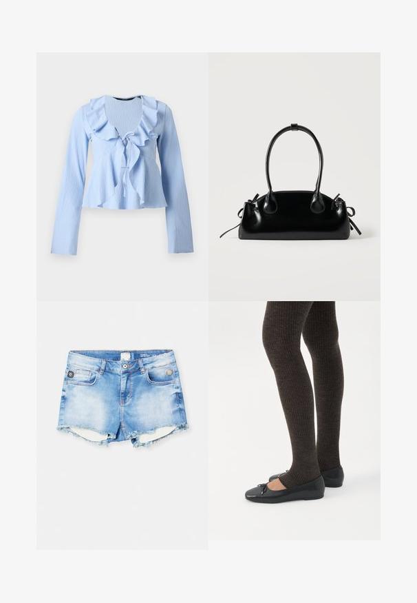 Blusa de manga larga azul claro con tejido texturizado, escote en V con volantes y detalle de lazo delantero, expuesta sobre un fondo liso.; Pantalones cortos de mezclilla en azul claro con dobladillo deshilachado, diseño de cinco bolsillos y detalles de herrajes plateados en la cintura y los bolsillos delanteros.; Piernas con leggings oscuros acanalados combinados con bailarinas negras que presentan pequeños detalles de lazo sobre un fondo blanco.; Pequeño bolso negro brillante con dos asas largas y detalles de cordón lateral sobre un fondo claro liso.