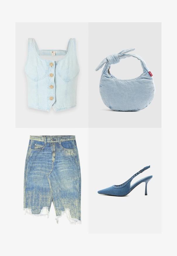 Lyst blå denim cropped top med firkantet udskæring, der har fem træknapper foran og buede sidesømme.; Lys blå denimnederdel med slidt tekstur, høj talje, frynset kant og fem-lomme design. Udstyret med metalbeslag og bæltestropper.; Blå denim spids tå slingback sko med høj hæl, sølv øjendesign og justerbar spænde.; Lyseblå denim skuldertaske med knudedetalje på håndtaget og en lille rød Levi's-mærkat på siden.