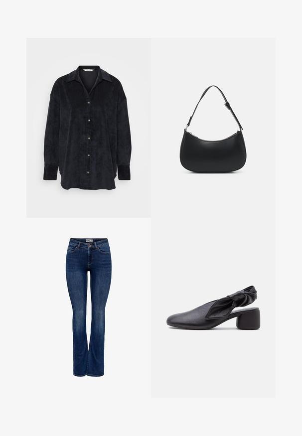 Sort fløjl skjorte med knapper og krave, med en blød tekstur, lange ærmer og cremefarvede knapper langs fronten.; Mørkeblå denim jeans med let falming, fem-pockets design, knaplukning og bootcut benstil, mærket "ONLY" på linningen.; Sort læder slingback-sko med rundet tå, detaljer med knyttet rem og lav blokhæl på hvid baggrund.; Pieces PCALUANA SHOULDER BAG - Håndtasker - black