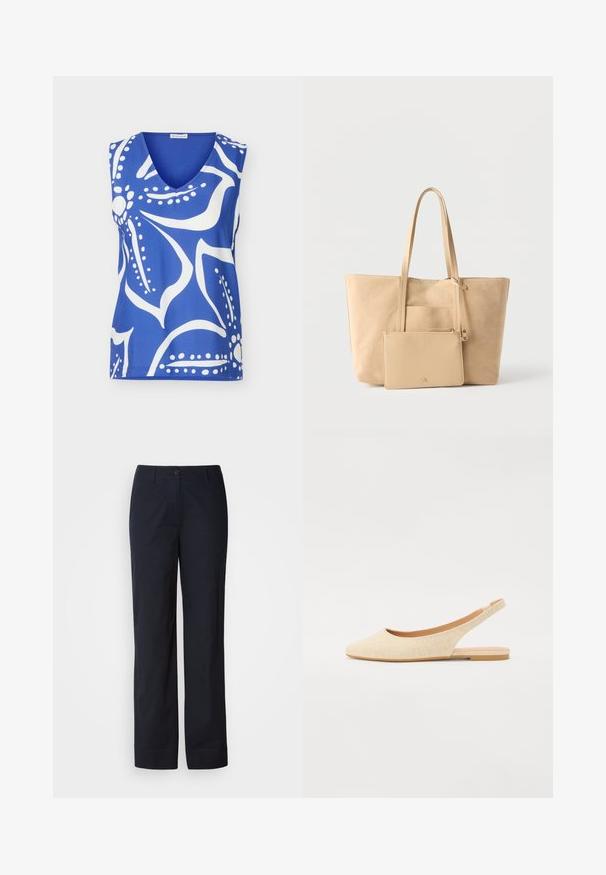 Blauw mouwloos V-hals top met gedurfd wit abstract bloemmotief en afgeronde schouders.; Marineblauwe katoenen broek met een rechte pijp, voorzien van een knoopsluiting aan de voorkant en zonder zichtbare patronen of versieringen.; Beige slingback flats met een puntige neus, gemaakt van textuurstof, met een lage, flexibele zool en een open hielontwerp.; Beige suède totebag met lange handvatten en bijpassend ritsvakje, afgebeeld op een effen witte achtergrond.