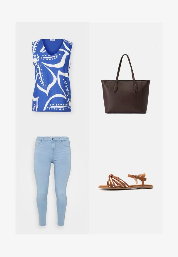 Blå ærmeløs V-hals top med dristigt hvidt abstrakt blomsterprint og rundede skuldre.; Lysblå skinny jeans lavet af denim, med knaplukning, fem lommer og en glat, let falmet tekstur.; Flad tan sandal med flere remme, inklusive metaliske accenter, og en justerbar ankelrem med spænde.; Brun læder tote taske med to top hændler, rektangulær form, minimalistisk design og syning detalje langs kanterne.