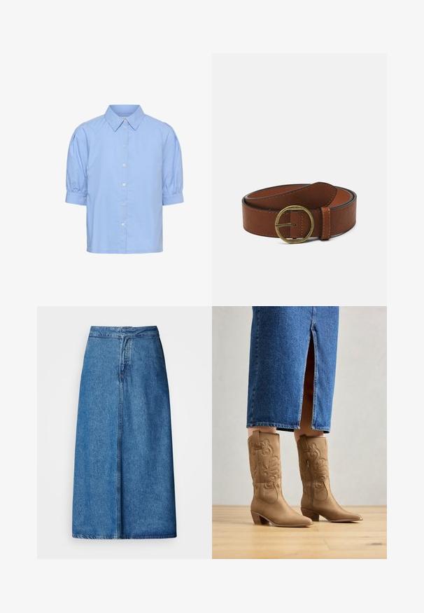 Lichtblauwe blouse met korte mouwen, knoopsluiting aan de voorkant, opgepofte mouwen en een klassieke puntige kraag.; Denim midi-rok met een ontspannen pasvorm, voorzien van een hoge taille, rafelige zoom en een effen blauwe kleur. Eenvoudig ontwerp zonder zichtbare versieringen.; Tan leren westernlaarzen met decoratieve stiksels, een spitse neus en een gestapelde hak. Draag met een spijkerrok tot de knie, waardoor de laarzen zichtbaar zijn.; Bruine leren riem met een ronde messing gesp, met een gladde textuur en contrasterende stiksels langs de randen.