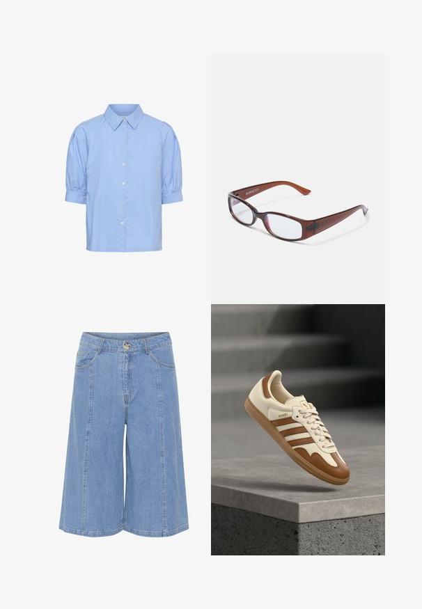 Hellblaue Bluse mit kurzen Ärmeln, Knopfleiste vorne, Puffärmeln und klassischem spitzem Kragen.; Hellblaue Denim-Culottes mit lockerer Passform, ausgestattet mit einem Frontknopfverschluss, Gürtelschlaufen und seitlichen Taschen. Strukturierter Stoff mit sichtbaren Nähten.; Klassischer Sneaker mit cremefarbenem Lederobermaterial, braunen Akzenten, drei Streifen und einer strukturierten Gummisohle. Verfügt über eine abgerundete Spitze und eine Schnürverschluss.; Braun getönte rechteckige Brille mit glänzender Oberfläche, schlanken Bügeln und transparenten Gläsern. Logo auf dem linken Bügel sichtbar.