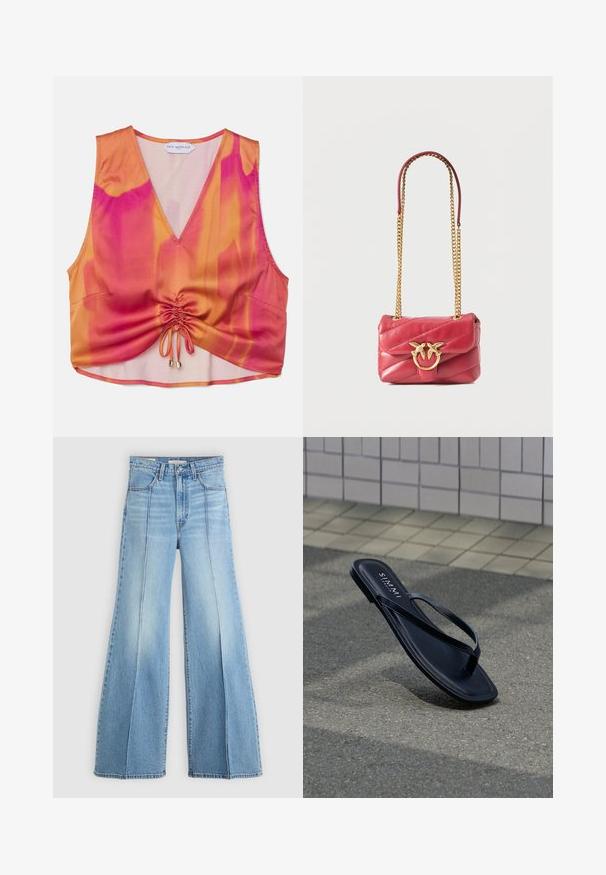 Afskaffet ærmeløs top i et gradient af orange og pink, lavet af et glat stof, med V-hals, samlet frontdetalje og små sidelommer.; Lyseblå højtaljede jeans med brede ben, for- og baglommer, bæltestropper og lodrette sømdetaljer fortil.; Sort læder-flipflop-sandal med tynde remme, der ligger på gråt fortov nær flisevæg, mærket med "S. MAMMI" indersål-tekst.; Rød quiltet skuldertaske i læder med guld kædestrop og dekorativt guldlås med to fugle.