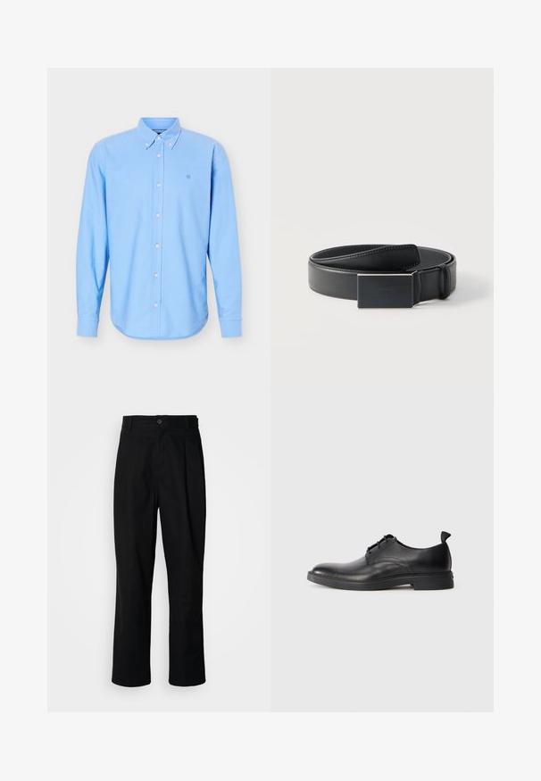 Camisa azul claro de manga larga con botones y cuello abotonado, con un pequeño logo bordado en el pecho izquierdo.; Pantalones rectos negros con cintura con botones, trabillas para cinturón y pliegue frontal, exhibidos sobre un fondo blanco liso.; Zapato de vestir para hombre de cuero negro con cierre de cordones y tira en el talón, mostrado en perfil lateral sobre un fondo blanco liso.; Cinturón de cuero negro enrollado con una hebilla rectangular negra mate y un logotipo en relieve discreto sobre un fondo blanco.