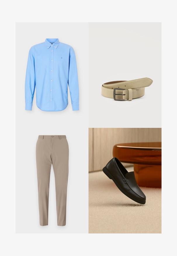 Vaaleansininen pitkähiha-painonappi-paita, jossa on napillinen kaulus ja vasemmassa rinnassa pieni kirjailtu logo.; Beige tailored trousers with a smooth texture, slim fit, and front button closure. No visible patterns or embellishments.; Musta nahkainen liukusäätöinen loafer kengän vieressä beigenvärisellä matolla, lähellä kaarevaa, meripihkan väristä lasipöytää neutraalivärisessä huoneessa.; Beige mokkanahkainen vyö suorakulmaisella tummalla metallisoljella, useilla säätöreijillä ja ommellulla lenkillä valkoisella taustalla.