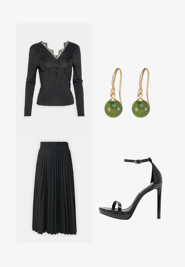 Pieces Petite PCILU - Top s dlhým rukávom - black; Čierna plisovaná sukňa so širokým pásom, s jednotnými vertikálnymi skladmi po celom obvode. Hladký povrch s plynulým dizajnom.; Steve Madden MILANO - Sandále na vysokom opätku - black; Náušnice zlatého tónu s okrúhlymi zelenými kamienkami, hladkým povrchom, zavesené na zakrivených háčikoch, s lesklým povrchom.