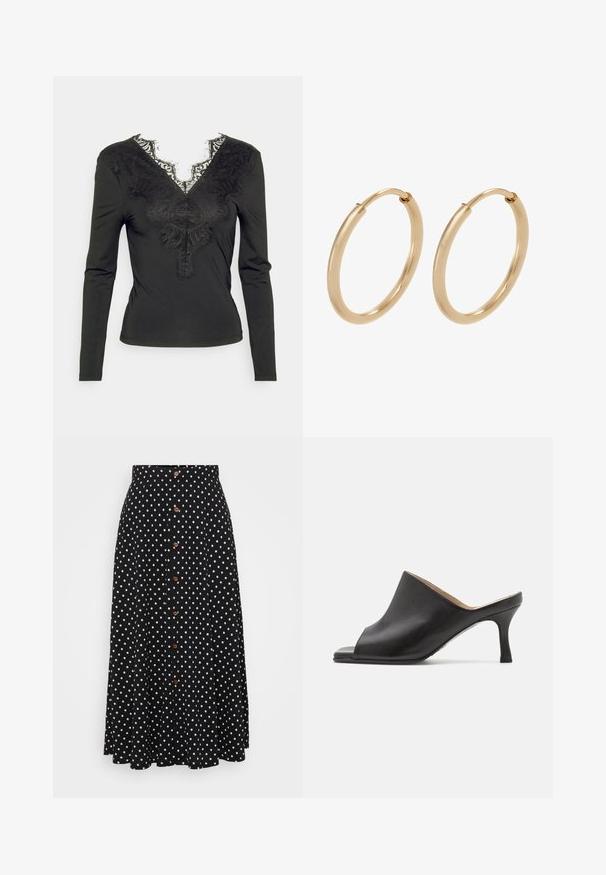 Pieces Petite PCILU - Camiseta de manga larga - black; Falda negra con lunares, de cintura alta, cierre frontal con botones, hasta la rodilla, hecha de un tejido con una textura suave y un drapeado sutil.; Selected ASHLEY - Mules de tacón - black; Pendientes de aro de oro con un acabado suave y pulido. Forma redondeada, tamaño mediano, con un mecanismo de cierre seguro.