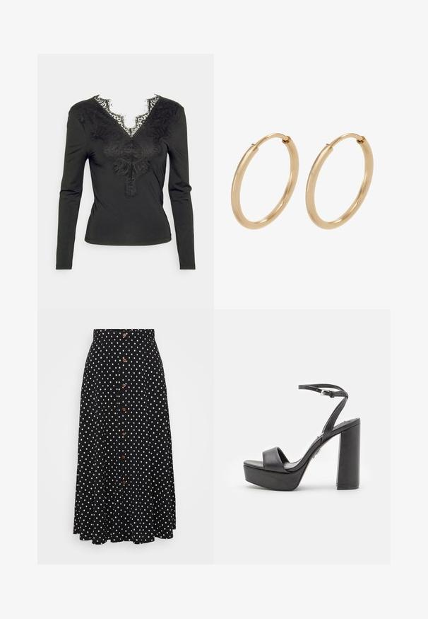 Pieces Petite PCILU - Camiseta de manga larga - black; Falda negra con lunares, de cintura alta, cierre frontal con botones, hasta la rodilla, hecha de un tejido con una textura suave y un drapeado sutil.; Sandalias de tacón alto de plataforma negras con punta abierta, tira delantera ancha y correa ajustable en el tobillo. Acabado en piel suave y tacón cuadrado grueso.; Pendientes de aro de oro con un acabado suave y pulido. Forma redondeada, tamaño mediano, con un mecanismo de cierre seguro.