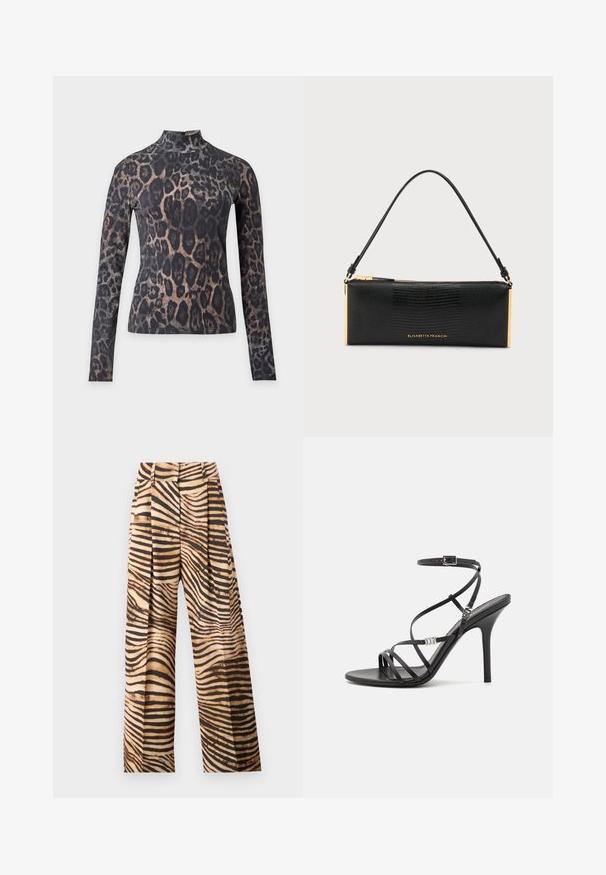 Langærmet tætsiddende rullekrave med sort og brunt leopardprint på lys baggrund.; Bredde ben bukser i et beige og brunt zebra-stribe mønster, der har plisseringer, høj talje og en glat, skinnende tekstur.; Sort højhælet sandal med tynde stropper, en ankelspænde, en glat læderoverflade og en slank stilethæl.; Sort tekstureret rektangulær håndtaske med en enkelt rem, gyldent lynlås, gyldne accenter og Elisabetta Franchi-logo foran.