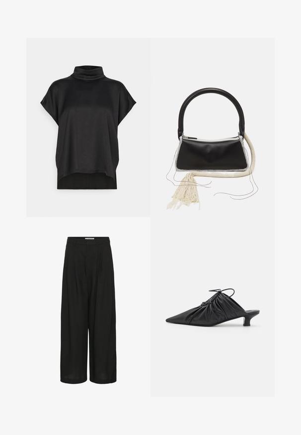 Haut noir à manches courtes avec un col montant. Tissu doux et lisse avec un drapé lâche et un ourlet droit. Design minimaliste, sans ornements.; Pantalon noir à jambes larges avec plis à l'avant, taille avec passants pour ceinture et détail de bouton latéral à la taille.; Mules noirs en cuir à enfiler avec un bout pointu, une texture froncée et un petit talon aiguille. Présente un détail à cordon au niveau de l'ouverture.; Sac en cuir noir avec une poignée arrondie, fermeture éclair en argent, bordure en fourrure blanche et un long gland crème attaché à l'avant.