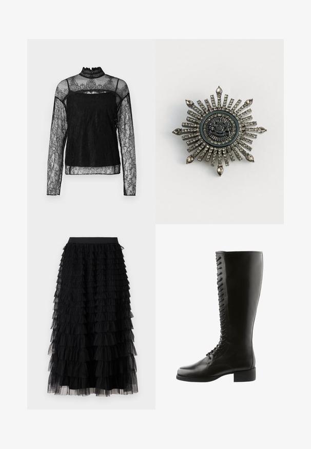 Schwarzes langärmliges Spitzentop mit hohem Kragen, aufwendigem floralen Muster, durchscheinendem Stoff und solidem Einsatz im Brustbereich.; Vero Moda VMNAJA Mid waist Long - Maxirock - black; Schwarze Lederstiefel bis zum Knie mit Schnürung, runder Spitze und Blockabsatz, in glatter Textur und ohne sichtbare Muster.; Sternförmige Brosche aus silberfarbenem Metall mit klaren Strasssteinen. Das zentrale Design zeigt ein kreisförmiges Emblem mit filigranen Details.