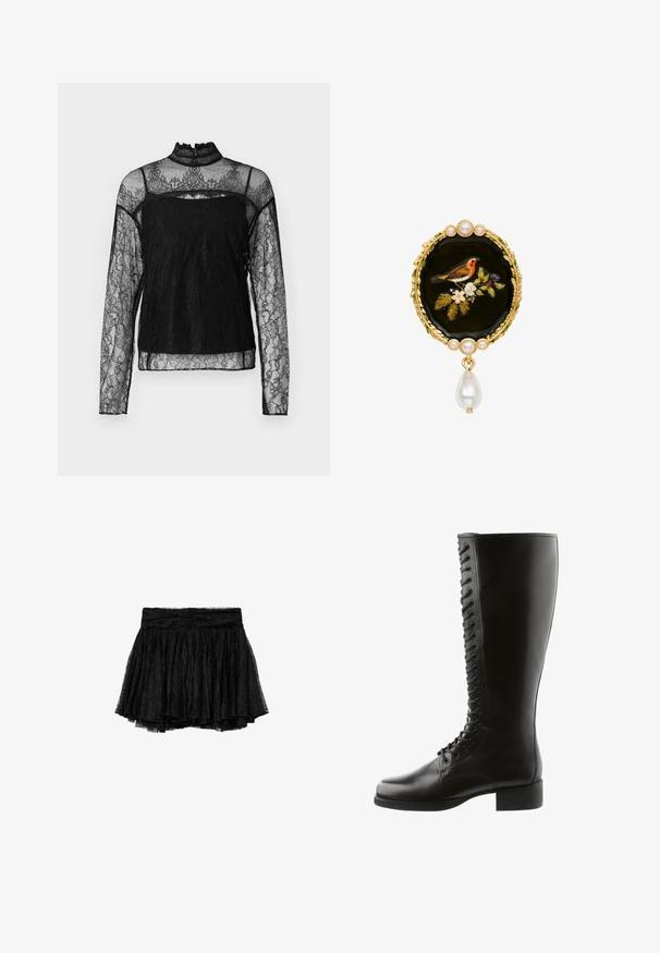 Haut en dentelle noir à manches longues avec col haut, motif floral complexe, tissu transparent et panneau solide sur la zone de la poitrine.; Jupe en dentelle noire avec un design plissé, dotée d'une taille ajustée et d'une doublure en tulle superposée pour plus de volume et de texture.; Bottes en cuir noir jusqu'au genou avec un laçage à l'avant, un bout rond et un talon bloc, avec une texture lisse et sans motifs visibles.; Broche noire ovale avec un petit oiseau sur une branche fleurie, entourée de feuilles dorées et de perles avec une perle en forme de goutte suspendue.