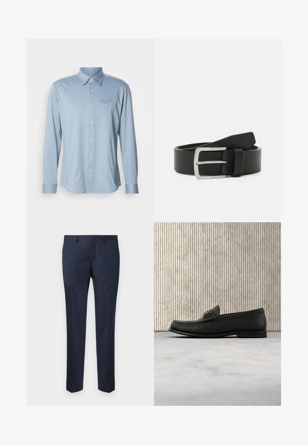 Camisa de manga larga azul claro hecha de tela lisa, con cuello puntiagudo y cierre frontal con botones, con un sutil logo bordado en el pecho.; Pantalones de corte ajustado en azul marino, fabricados con una tela suave. Presentan un diseño de pierna recta con frente plano y bolsillos laterales.; Mocasín de cuero negro con detalle metálico, exhibido sobre una alfombra beige, con una mesa redonda marrón en el fondo.; Cinturón de cuero negro con una textura suave, hebilla de metal plateado y un solo lazo para ajuste. Presenta un diseño limpio y clásico.