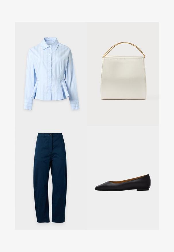 Camisa azul claro de manga larga con botones, con rayas verticales blancas y grises, cintura estructurada y cuello puntiagudo sobre fondo blanco.; Pantalones azul marino con un diseño de pierna recta, que presentan un cierre frontal con botón, dos bolsillos laterales y un acabado de tela suave y texturizada.; Zapato plano de punta puntiaguda de cuero negro con tacón bajo y acabado liso, mostrado de perfil sobre un fondo gris claro.; Bolso estructurado con acabado de satén, color crema, con una correa de cadena para el hombro. Presenta una textura plana y lisa, con costuras limpias.