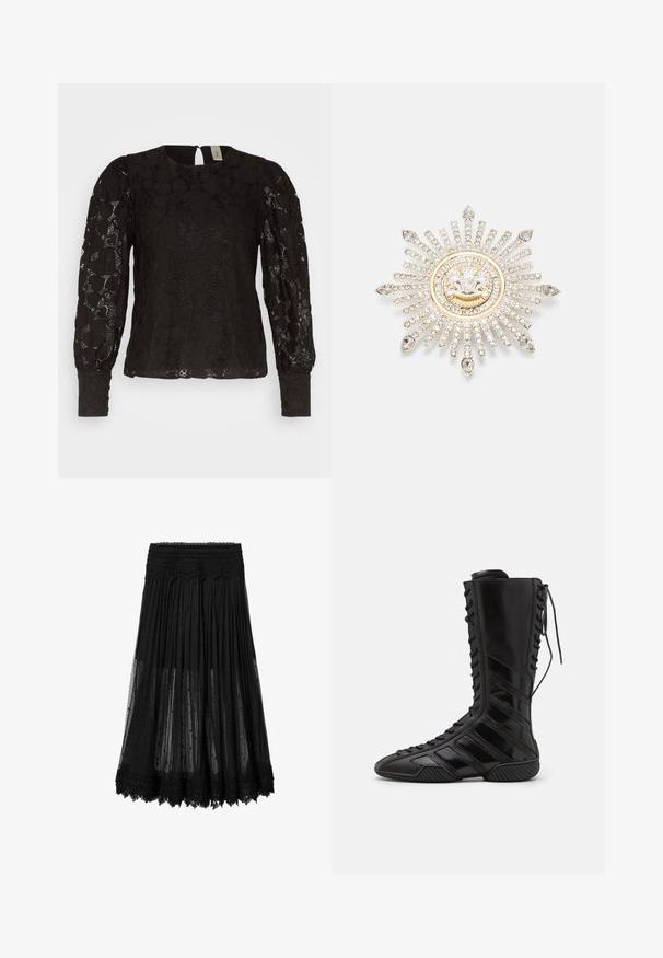 YAS BLOUSE - Bluse - black; Schwarzer Midirock aus transparentem, plissiertem Stoff, besticktem floralen Spitzenabschluss und breitem Spitzenbund.; Schwarze High-Top-Stiefel aus glänzendem synthetischem Material, mit einem aufwändigen Schnürdesign und diagonalen Streifenakzenten an den Seiten.; Silberne Brosche mit einem Sonnenstrahlen-Design, verziert mit klaren Rhinestones und einem goldakzentuierten, kreisförmigen Zentrum mit einem Emblem.