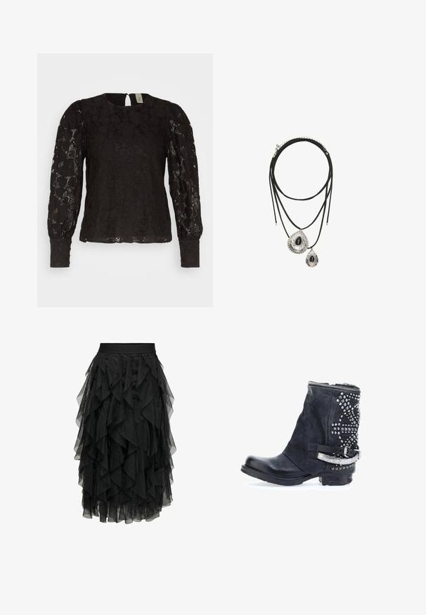 YAS BLOUSE - Blouse - black; Jupe noire en tulle superposé avec un design à volants. Elle dispose d'une taille élastique. Le tissu transparent ajoute de la texture et du mouvement.; Bottine en cuir noir avec une finition texturée, des clous argentés sur le côté et une sangle à boucle métallique. Elle dispose d'une fermeture éclair sur le dessus.; Collier double couche en cordon noir avec deux pendentifs en forme de goutte d'argent, chacun ornée d'un centre en pierre noire et de bords décoratifs.