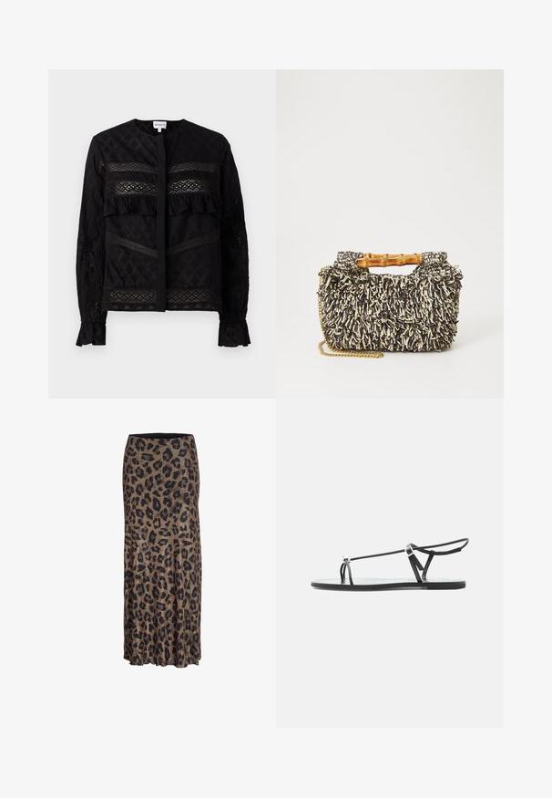 Blusa negra con cuello redondo, que presenta paneles de encaje transparente, acentos de volantes y patrones texturizados. Mangas largas con puños elásticos.; Falda de estampado de leopardo en marrón y negro, con un diseño fluido y un sutil dobladillo con volantes, confeccionada en una tela ligera y suave.; Sandalia plana negra con tiras finas, una lazada para el dedo y una hebilla ajustable en el tobillo sobre un fondo gris claro.; Bolso tejido con un patrón texturizado en negro y crema, asa de bambú y una correa de cadena dorada removible. Forma rectangular compacta.