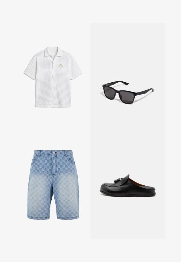 Wit overhemd met korte mouwen en wafelstructuur, knoopsluiting, kraag en klein bruin "PEGADOR"-logo op de borst.; Lichtblauwe denimshorts met een gestructureerd patroon van overlappende cirkels. Bevat vijf zakken en een klassieke knoop- en ritssluiting.; Zwarte leren backless loafer met kwastjes aan de bovenkant, zijaanzicht op een lichte effen achtergrond.; Zwarte zonnebril met een vierkant montuur, met donkere glazen en slanke kunststof armen. Opvallende gouden accenten bij het scharnier.