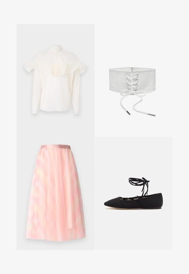 Hvid bluse med høj krave, tekstureret stof og overdimensionerede flæseærmer. Lange ærmer med tætsiddende manchetter, afslappet pasform hele vejen igennem.; Ida Sjöstedt FLAWLESS SKIRT - A-snit nederdel - pink; Loeffler Randall LOUISA LACE UP BALLET FLAT - Ballerinasko m/ rem - black; Bredt hvidt korsetbælte med frontsnøring, metaløjer og lynlåslukning, vist mod en ensfarvet hvid baggrund.
