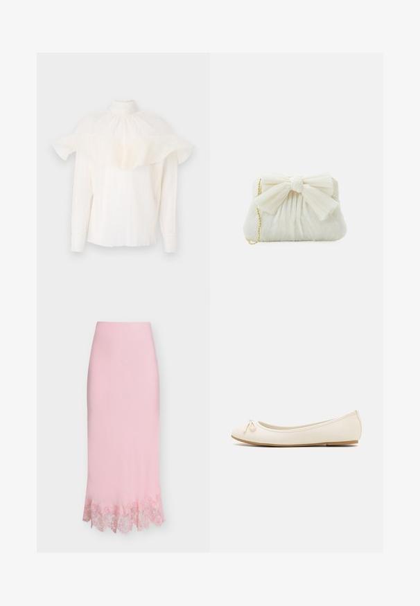Blouse blanche avec un col montant, un tissu texturé et des manches bouffantes surdimensionnées. Manches longues avec des poignets ajustés, coupe décontractée dans l'ensemble.; Jupe longue rose clair à taille haute ornée d'une délicate bordure en dentelle le long de l'ourlet sur un fond uni.; Ballet flats de couleur crème avec un bout arrondi, un petit nœud sur le devant et une semelle beige texturée. Matériau synthétique lisse.; Sac à main plissé blanc avec un nœud proéminent et une chaîne dorée. Texture douce avec un design froncé à l'avant.